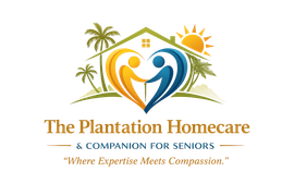 The Plantation Homecare logo with stylized figures, palm trees, sun, and &ldquo;Where Expertise Meets Compassion.&rdquo;