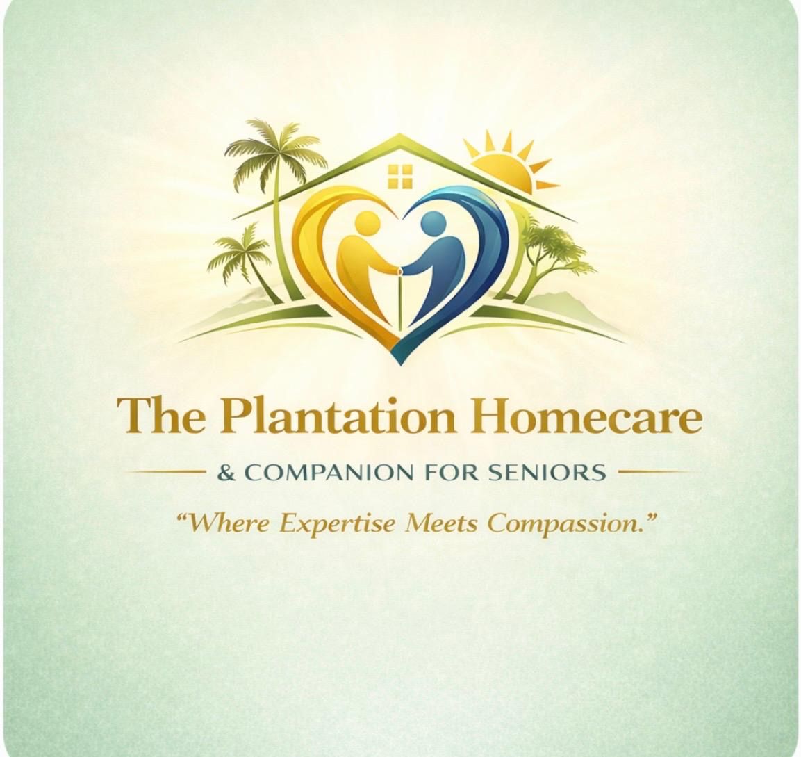 The Plantation Homecare & Companion for Seniors logo with heart and palm tree on a soft green background