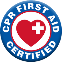 CPR and First Aid Certified badge with a red heart and white cross on a blue background.