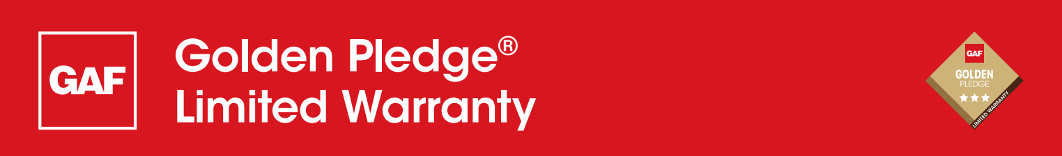 GAF Golden Pledge Limited Warranty logo on red background with a small diamond shape.