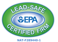 Lead-Safe Certified Firm logo. Green and blue oval with 