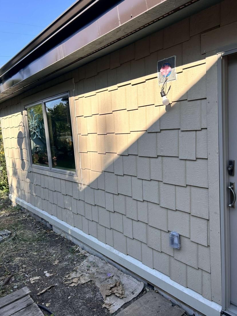 Exterior wall with beige siding, window, and door. Shadow falls across the wall, highlighting the texture.