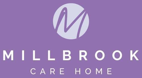 MILLBROOK Care Home logo on a purple background, with a stylized white M icon above the name.