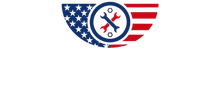 Patriotic shield logo with stars and stripes, crossed wrench and screwdriver in the center