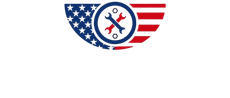 Patriotic shield logo with stars and stripes, crossed wrench and screwdriver in the center