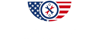 Patriotic shield logo with stars and stripes, crossed wrench and screwdriver in the center