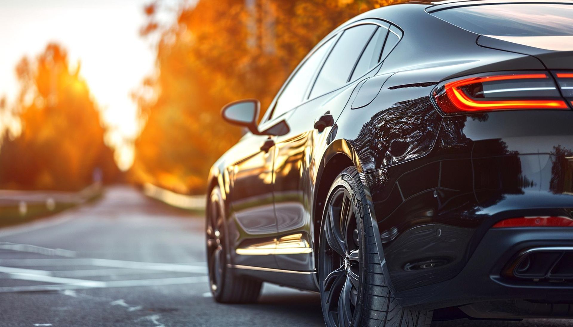 Black sedan driving on a wet road at sunset with blurred autumn trees in the background