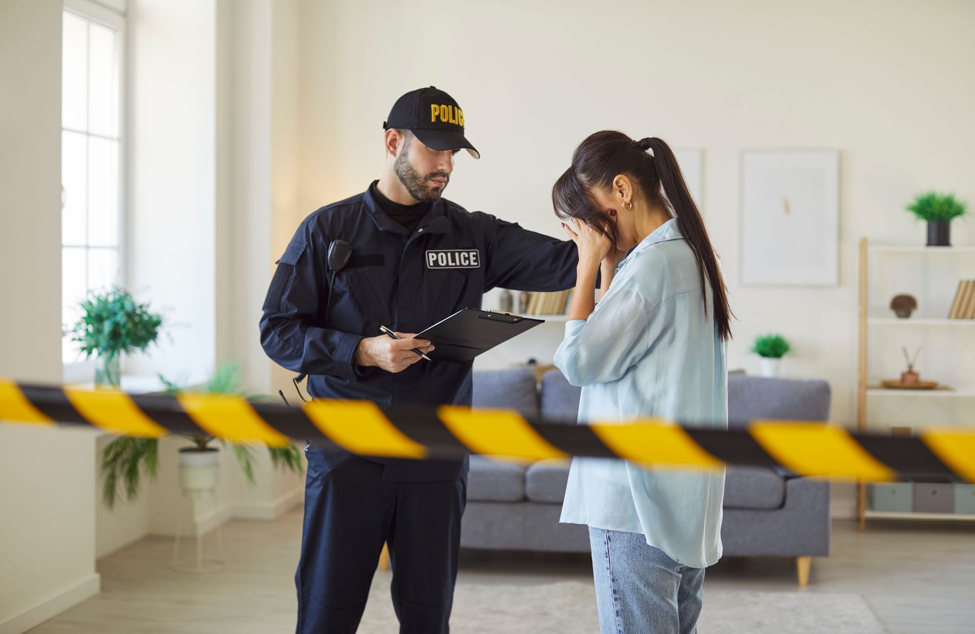 A police officer in a uniform comfortingly places a hand on the shoulder of a person who is crying at a crime scene.