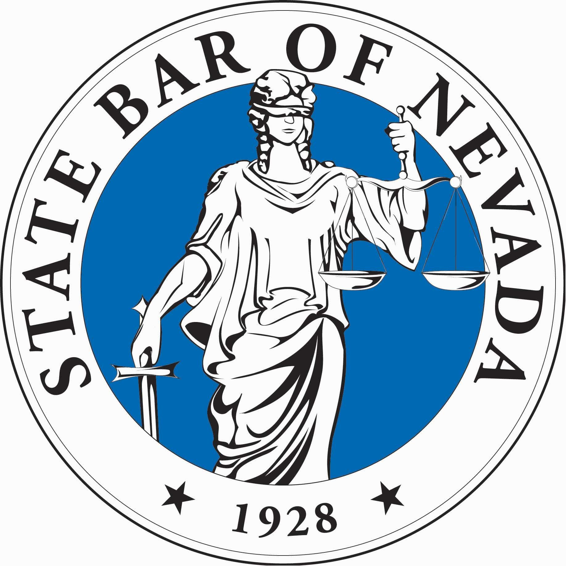 State Bar of Nevada seal: Lady Justice holding scales and sword, blue circle, white text.