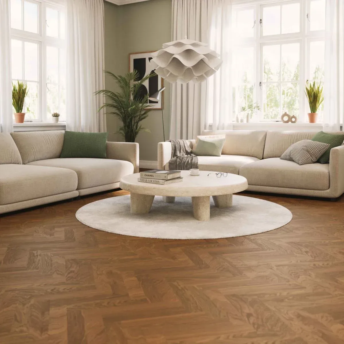 Bright Living Room With Beige Sofas, Round Coffee Table — Charmhaven Carpets In Charmhaven, NSW