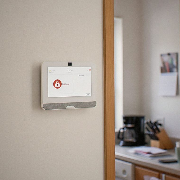 Wall-mounted white device beside a doorway in a home hallway, with a kitchen in the background.