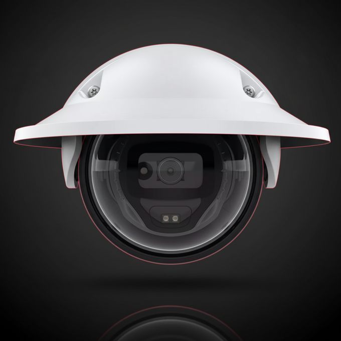 White hard hat with integrated black surveillance camera lens on dark background