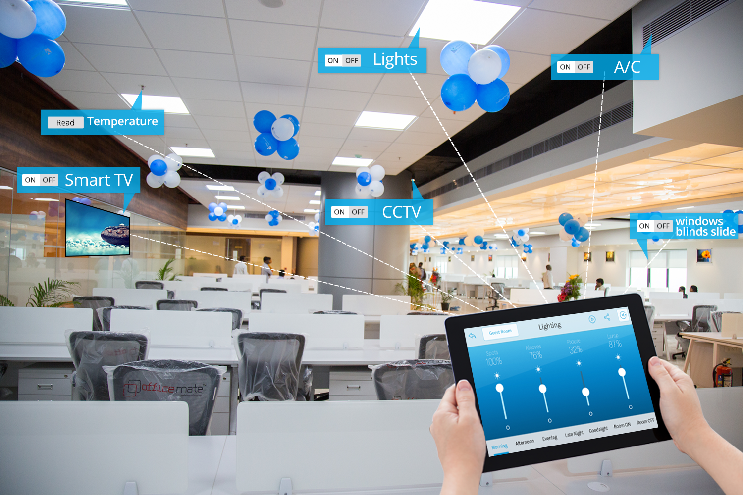 Tablet controlling smart office devices in a modern open-plan office with ceiling sensors and blue balloons
