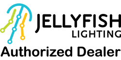 Jellyfish Lighting authorized dealer logo in teal, black, and yellow with stylized jellyfish icon