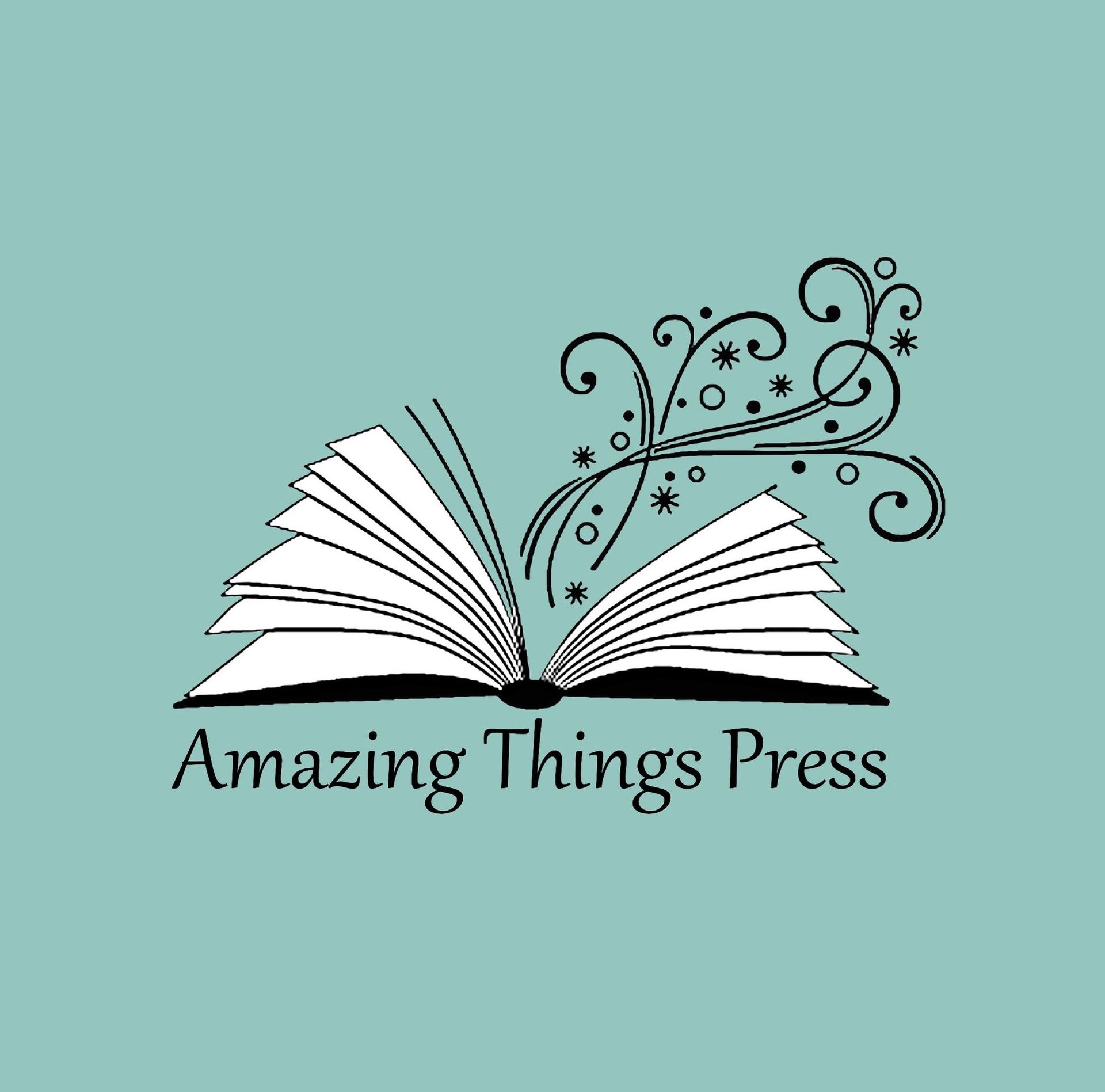 Logo of an open book with decorative swirls above, reading “Amazing Things Press” on a teal background