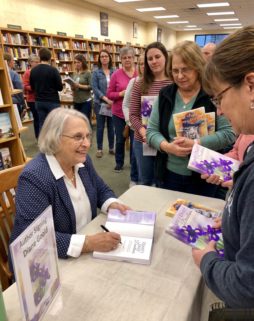 Author signing books at a library table while several people wait in line holding copies.