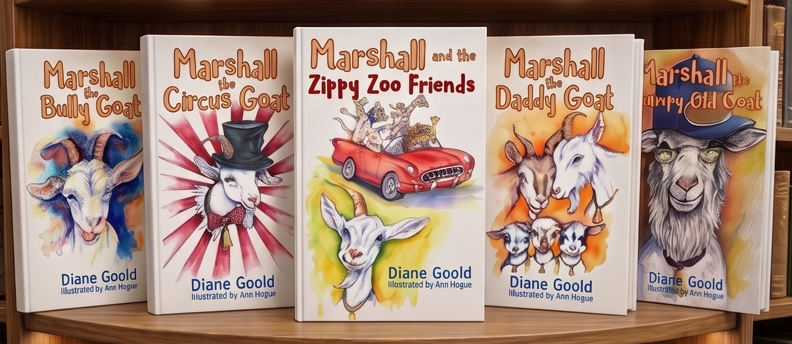 Five Marshall books lined up on a shelf, showing colorful dog covers and titles.