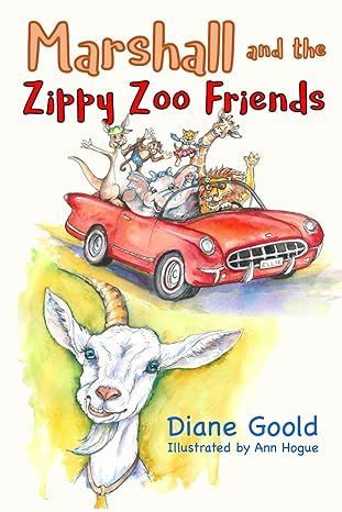Book cover of “Marshall and the Zippy Zoo Friends” with a red car carrying zoo animals and a white dog in front.