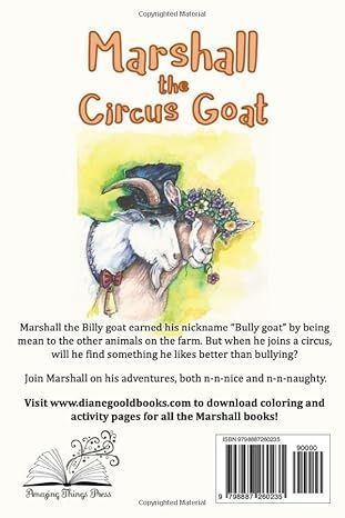 Book cover for “Marshall the Circus Goat” by Diane Gold, showing a white goat in a top hat and bow tie with red rays behind it
