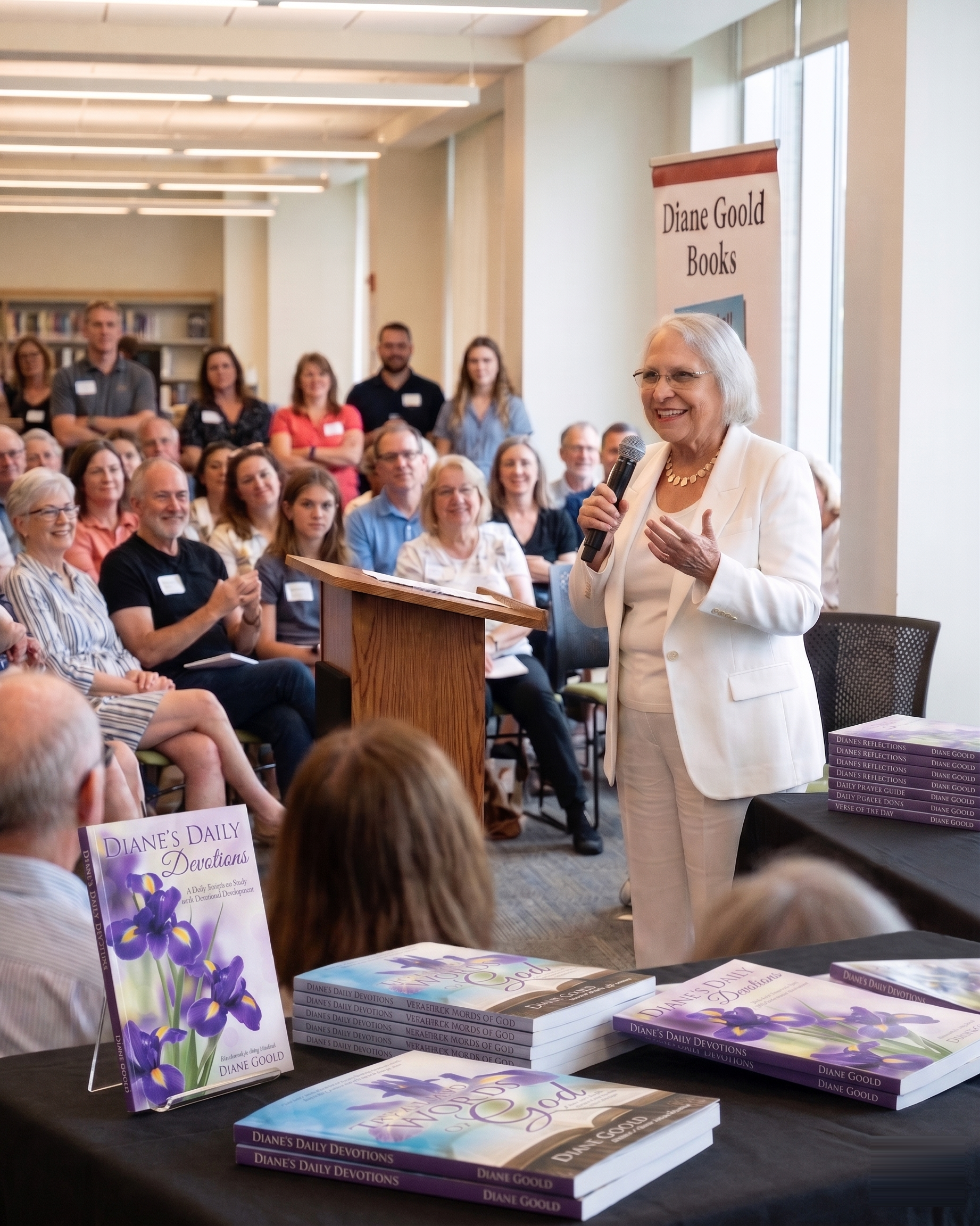 Author speaking at a podium in a bookstore, with an audience seated and books displayed in the foreground. Author speaking at a podium in a bookstore, with an audience seated and books displayed in the foreground.