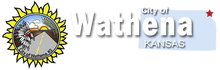 City of Wathena, Kansas logo with sunburst seal and gray text on a light blue background