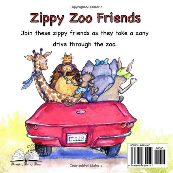 Cartoon book cover of four zippy friends riding in a red car, with the title