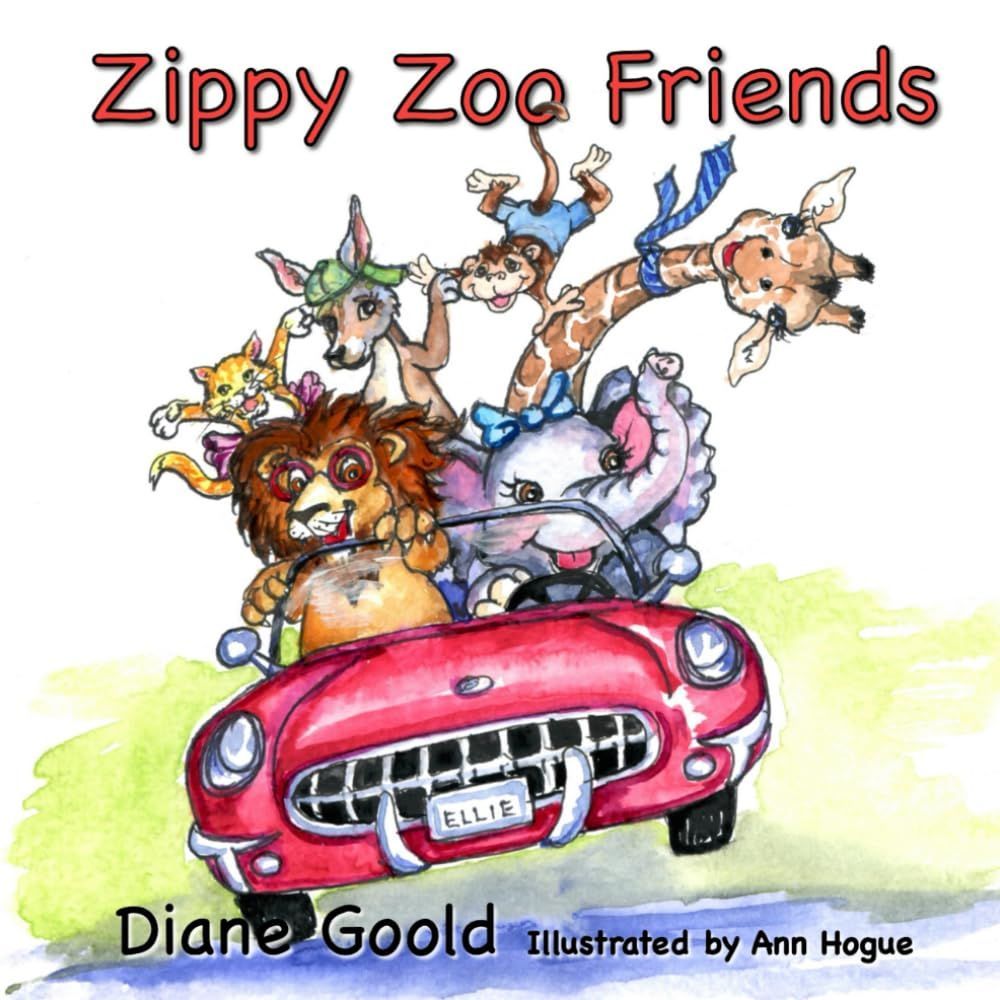 Cartoon book cover of four zippy friends riding in a red car, with the title