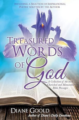 Book cover with open Bible, purple flower, and title “Treasured Words of God” by Diane Goold
