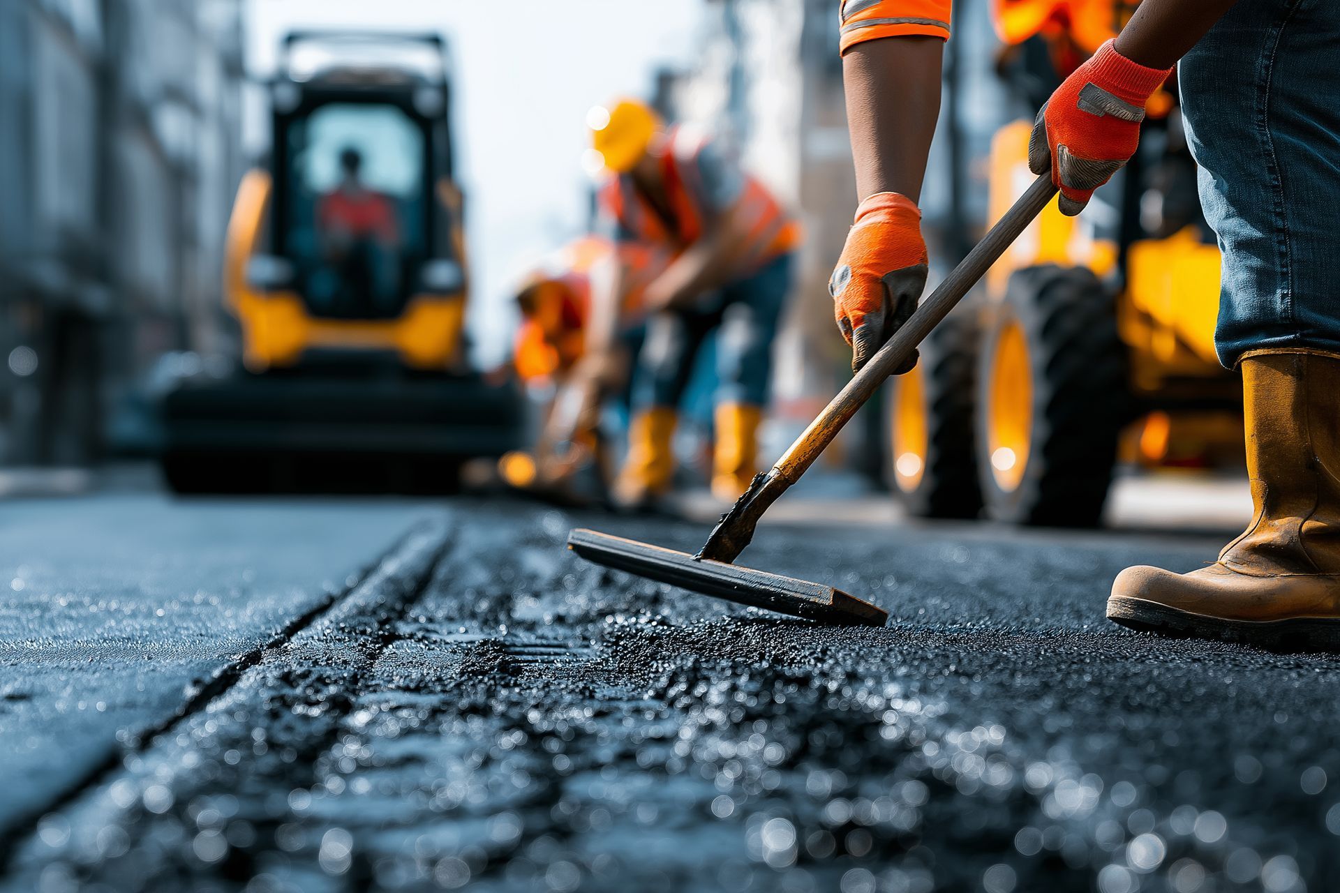 Gloved worker smoothing fresh asphalt with a hand tool as a crew rakes near heavy paving equipment. Gloved worker smoothing fresh asphalt with a hand tool as a crew rakes near heavy paving equipment.