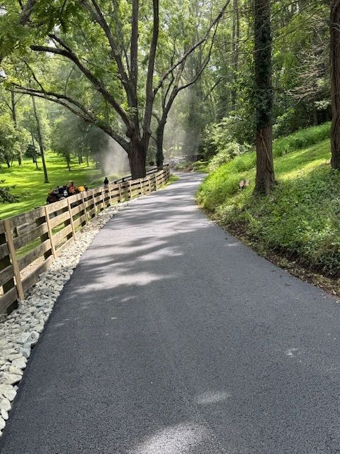 Curving asphalt path through a green park with trees and a wooden fence along the left side
