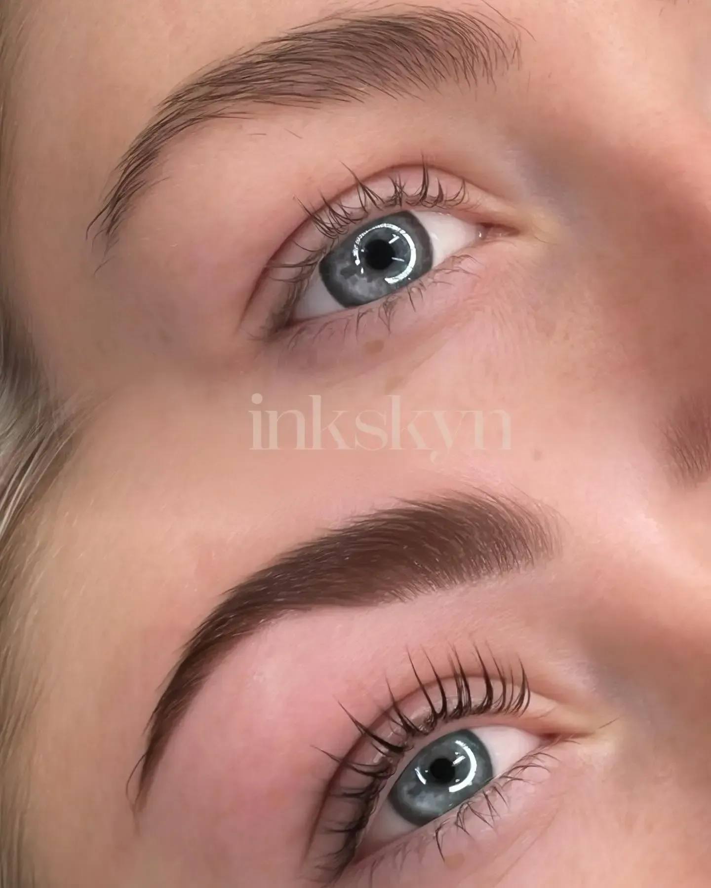 A before and after picture of a woman 's eyebrows.