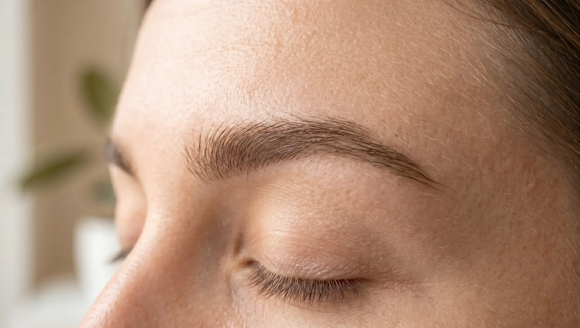 Close-up of a person's closed eye and eyebrow with soft natural light