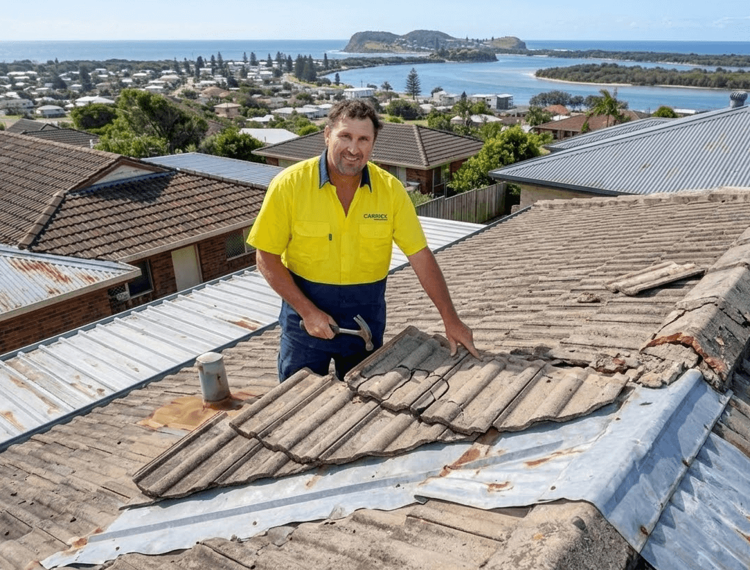 Roofer in yellow shirt repairing a tile roof, holding a hammer, with Laurieton the NSW coastal town in the background.