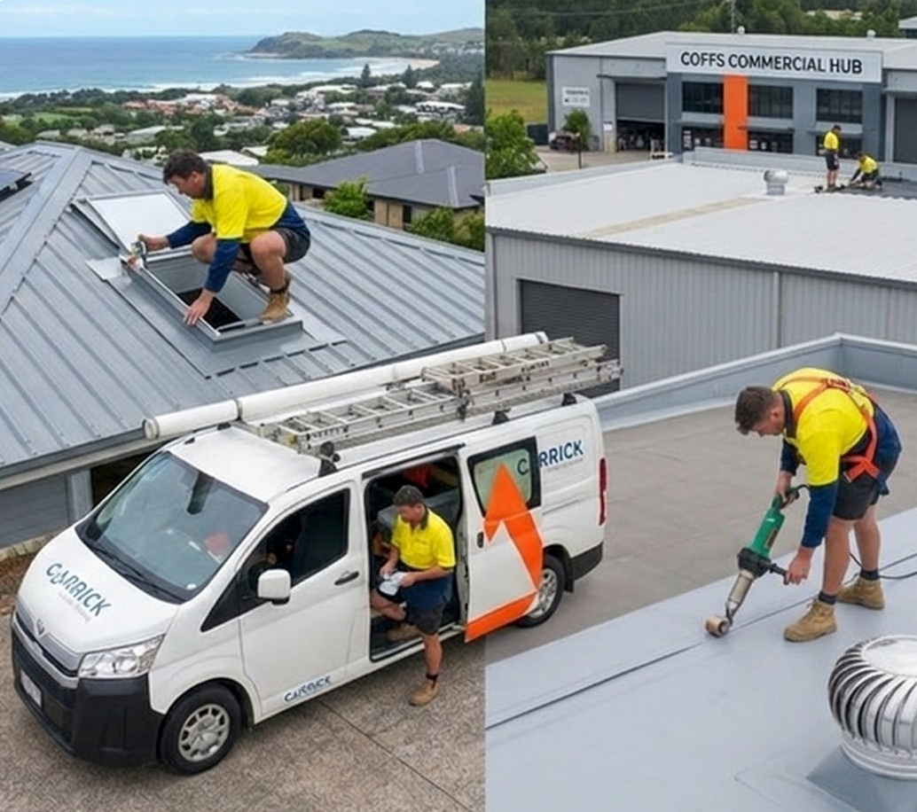 Workers on roofs. One painting a skylight, others working on a roof near a commercial building with a van.