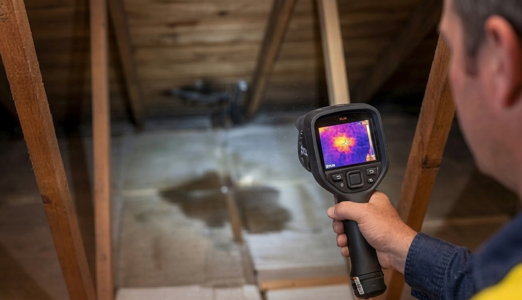 Person using a thermal imaging camera in an attic, detecting heat signature in a roof.
