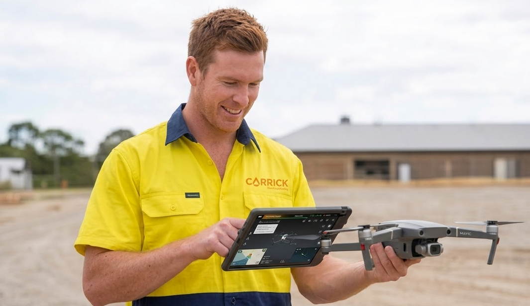 Man in yellow work shirt operating a drone with a tablet outside a building with a roof.