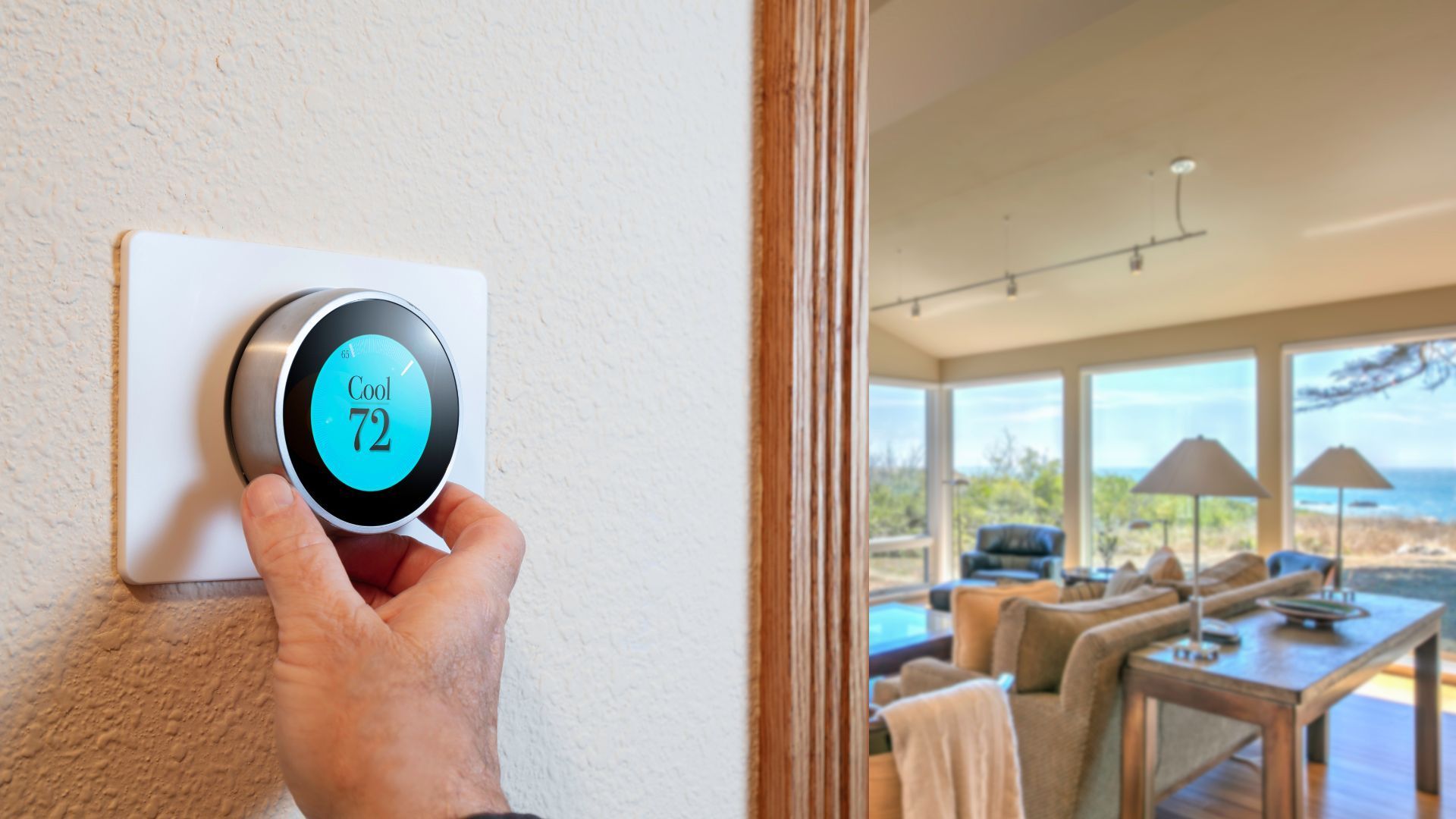 Hand adjusting a white smart thermostat showing 68° on a blue digital display