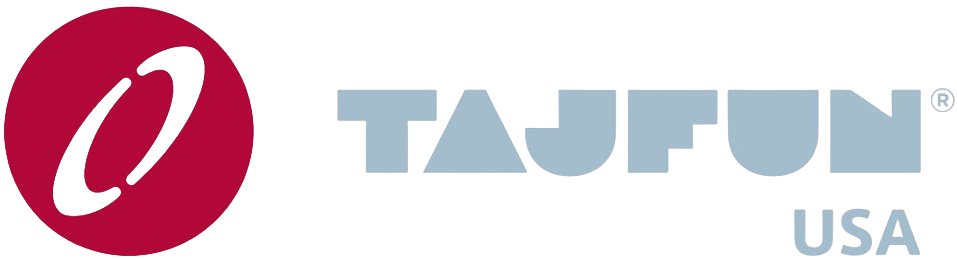 Logo of Tajfun USA, featuring a red circle with a white swirl, and the company name in blue.