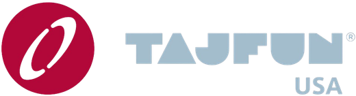 Logo for Tajfun USA with a red circle and the word 