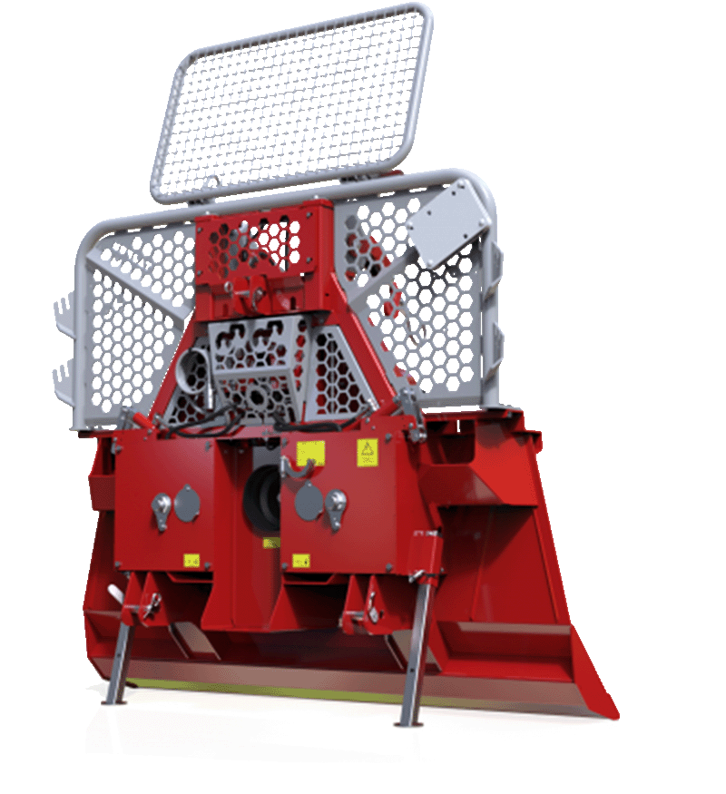 Red forestry mulcher with safety cage, used for clearing vegetation.