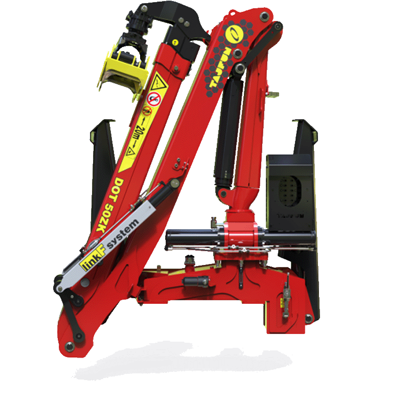 Red Tafun Dot 50ZK hydraulic crane with a yellow grapple attachment.