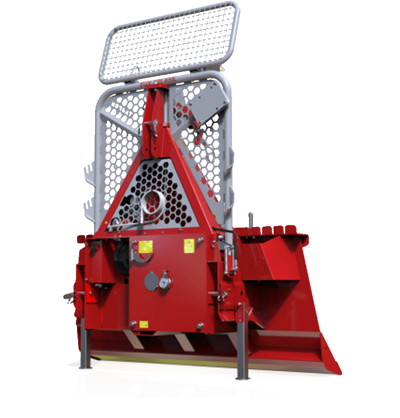 Red and gray forestry mulcher with a protective cage, designed for land clearing.