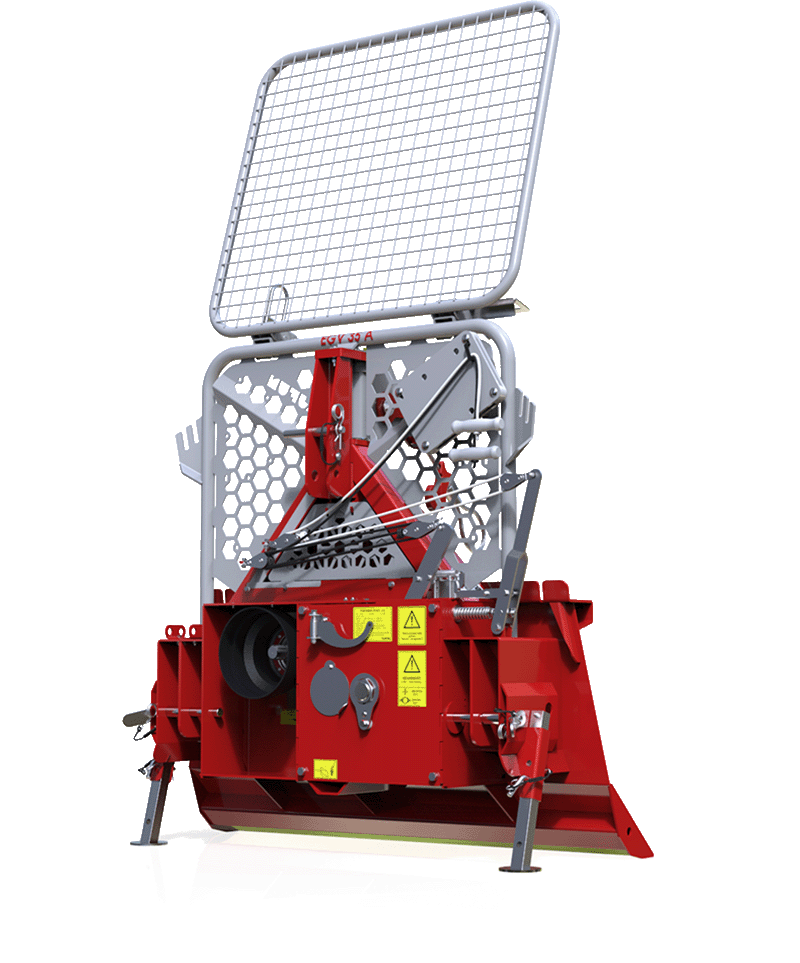 Red and gray forestry machine with protective cage raised.