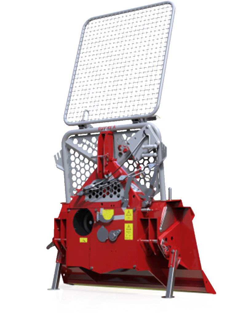 Red forestry mulcher with protective cage, used to grind trees.