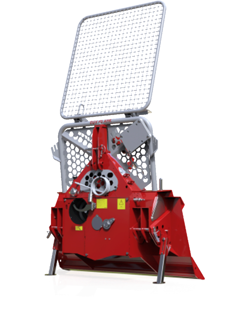Red forestry mulcher with protective cage, on white background.