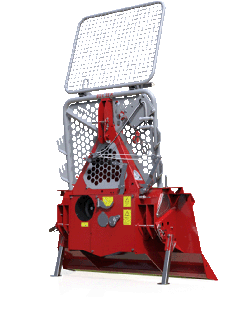 Red and gray tree felling head with protective cage and safety screen for a forestry machine.