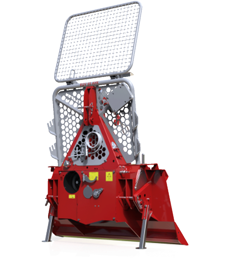 Red forestry mulcher with protective cage, designed for land clearing.