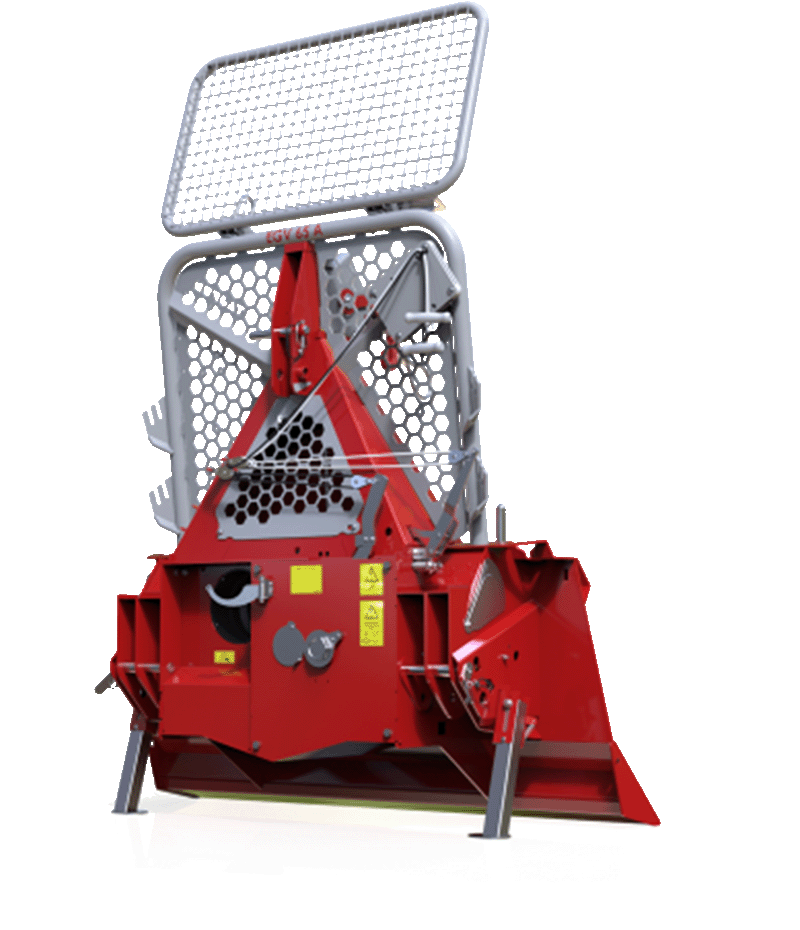 Red forestry harvester head with protective cage.