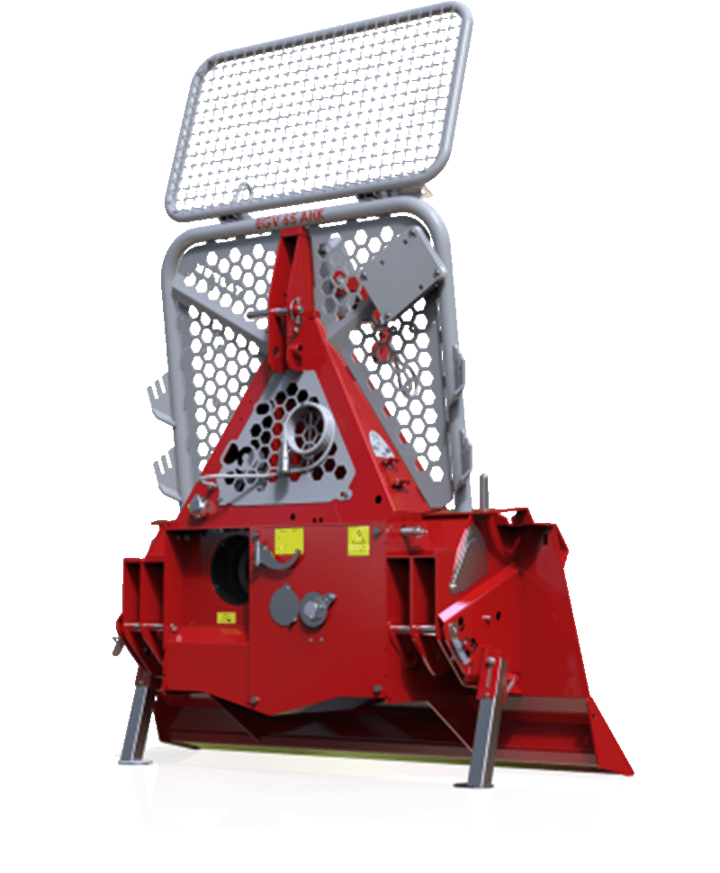 Red and gray forestry mulcher with protective cage, likely used in logging operations.