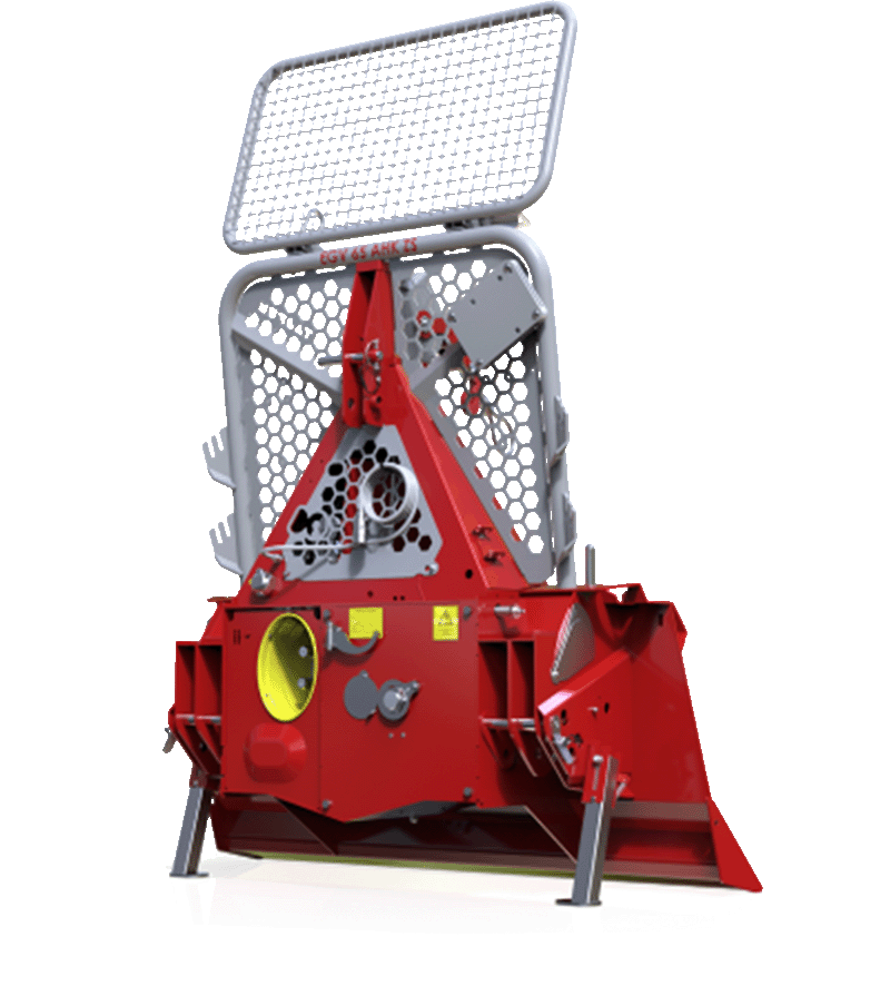 Red and gray forestry mulcher with protective cage.